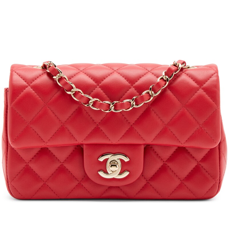 Red Quilted Lambskin Mini Rectangular Classic Single Flap Bag Light Gold Hardware, 2020