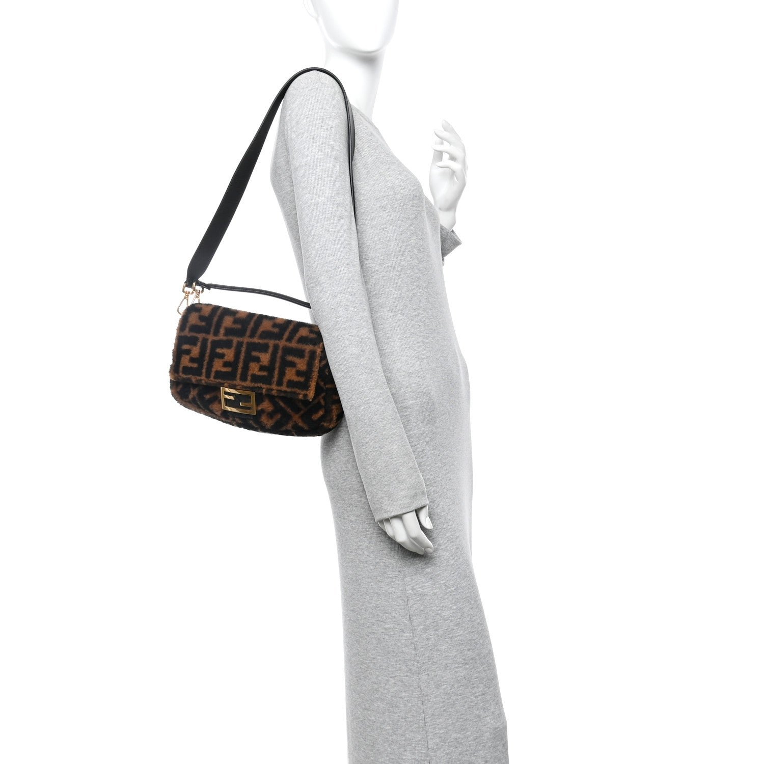 Fendi Fendi Shearling Vitello Dolce Macro FF 1974 Baguette Tobacco Black