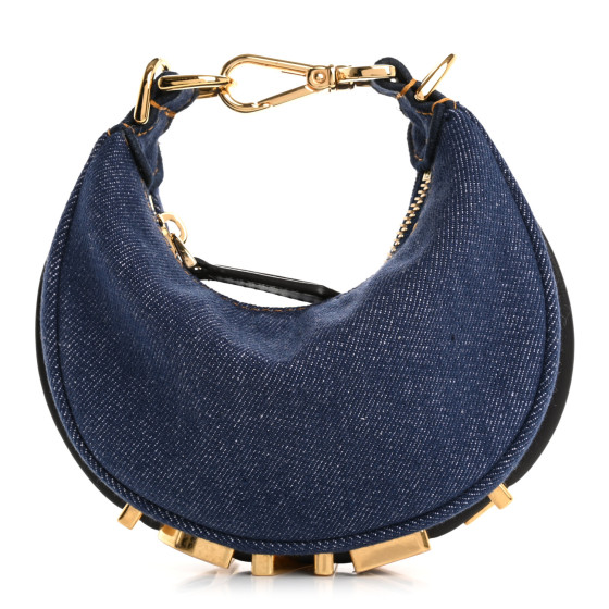 Fendi Denim Shiny Nappa Nano Fendigraphy Hobo Charm Blue Moro
