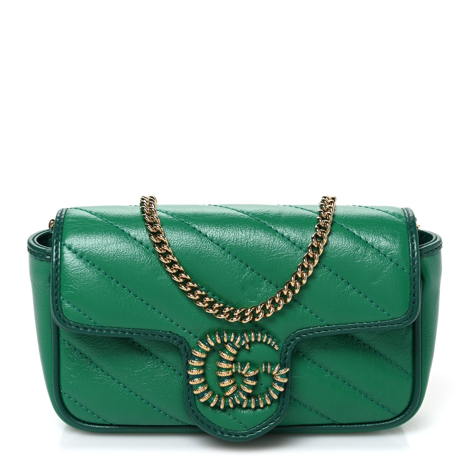 Gucci Azalea Calfskin Enamel Matelasse Diagonal Super Mini Torchon GG Marmont Shoulder Bag New Shamarock Emerald