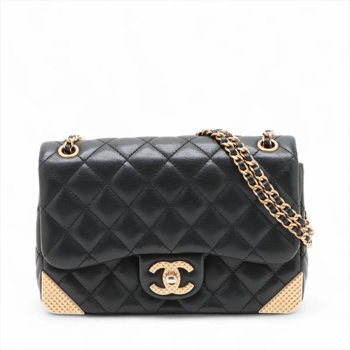 Chanel Matelasse Lambskin Single Flap Double Chain Bag Black Gold Metal Fittings