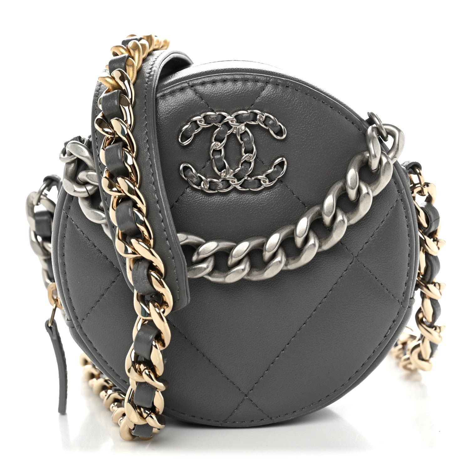 Chanel Lambskin Quilted Chanel 19 Round Clutch With Chain Grey