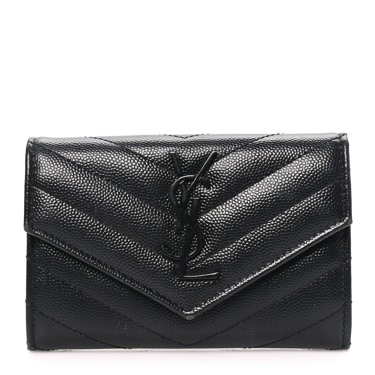 Saint Laurent Grain De Poudre Matelasse Chevron Small Monochrome Monogram Envelope Wallet Black