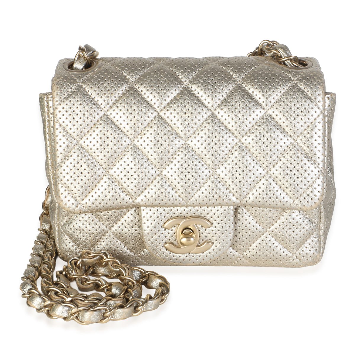Light Gold Metallic Perforated Lambskin Mini Square Flap Bag