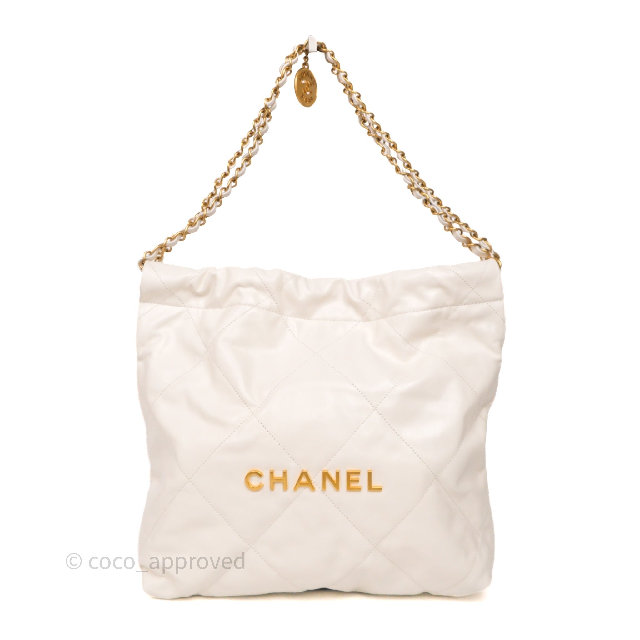 Chanel 22 Small White Shiny Calfskin Aged Gold Hardware