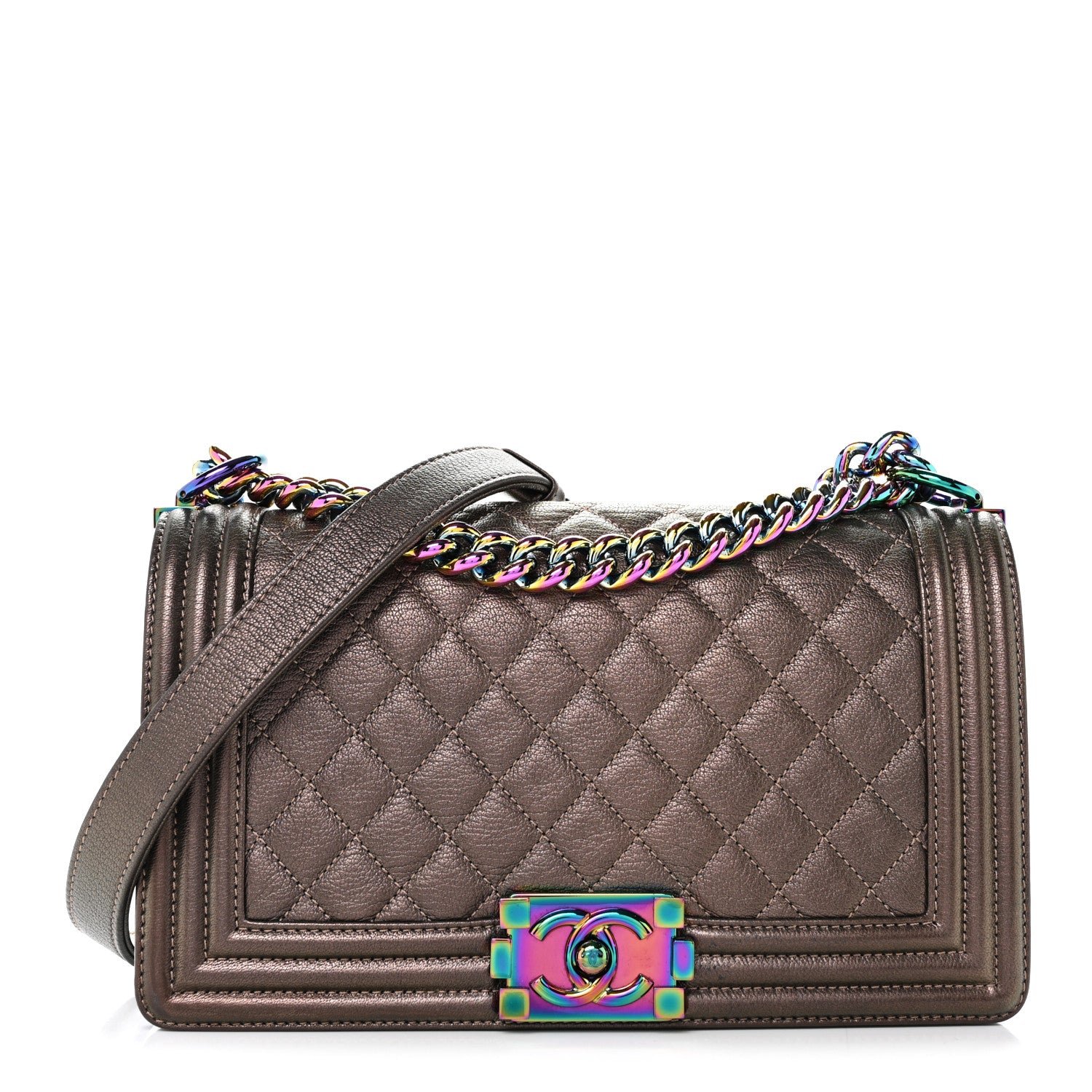 Chanel Iridescent Goatskin Quilted Medium Boy Flap Dark Gold
