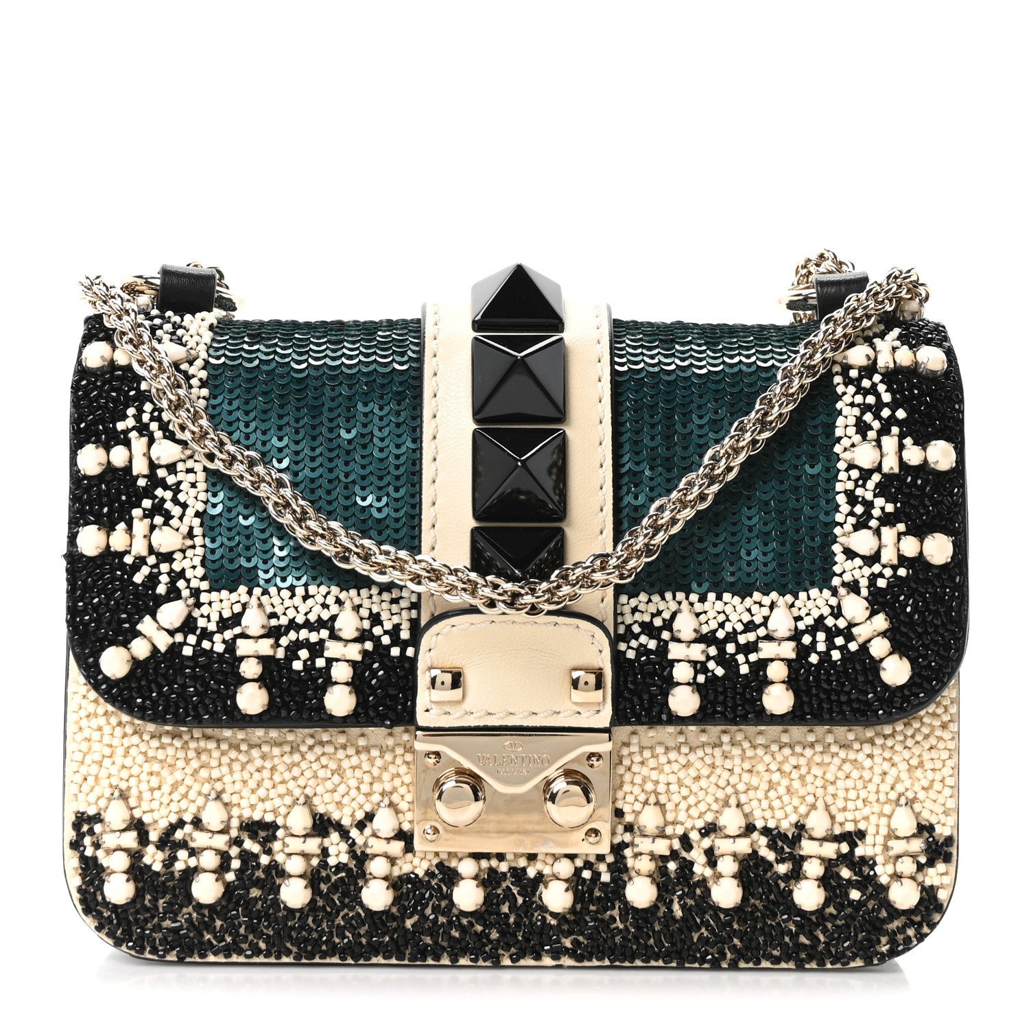 Valentino Garavani Vitello Beaded Mini Glam Lock Rockstud Flap Black Ivory Green