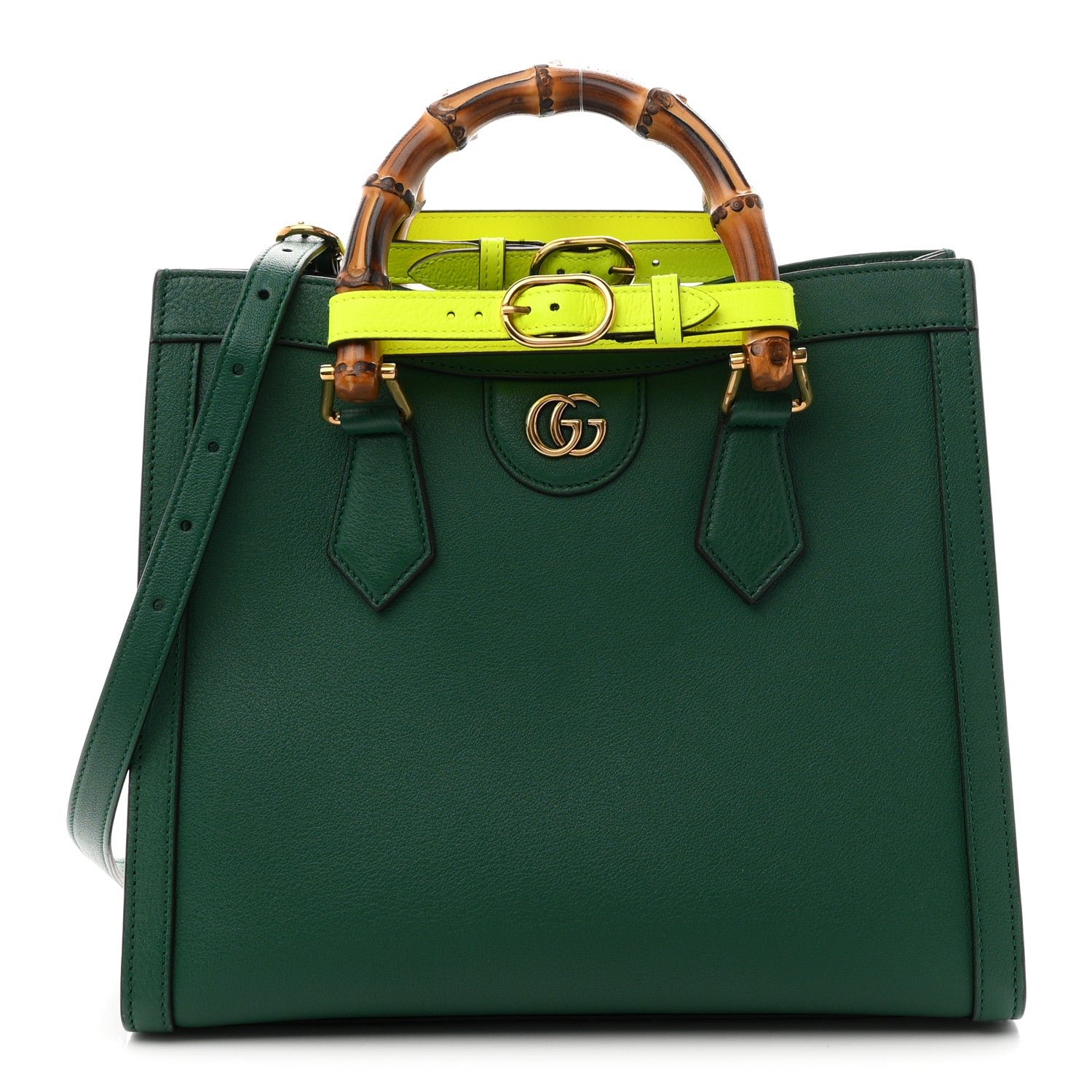 Gucci Wonka Grain Calfskin Small Diana Tote Bag Green Yellow Fluo