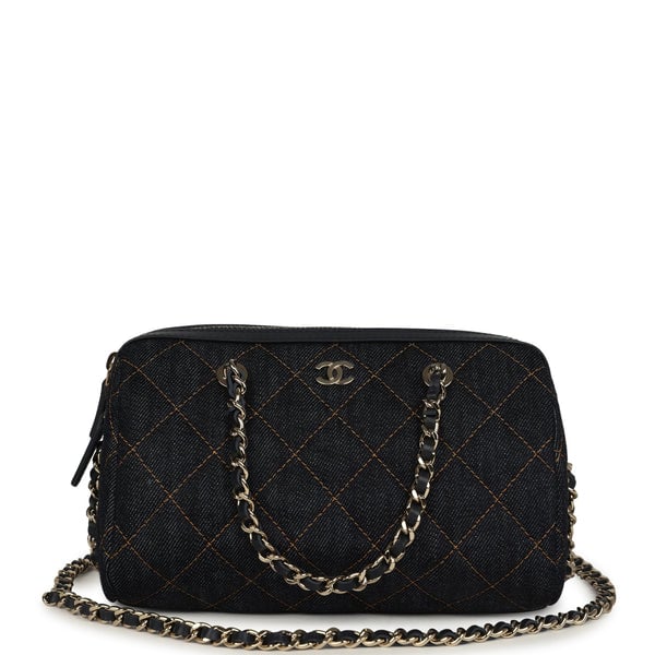 Chanel Mini Timeless Classic Barrel Bag with Chain Dark Blue Denim Light Gold Hardware
