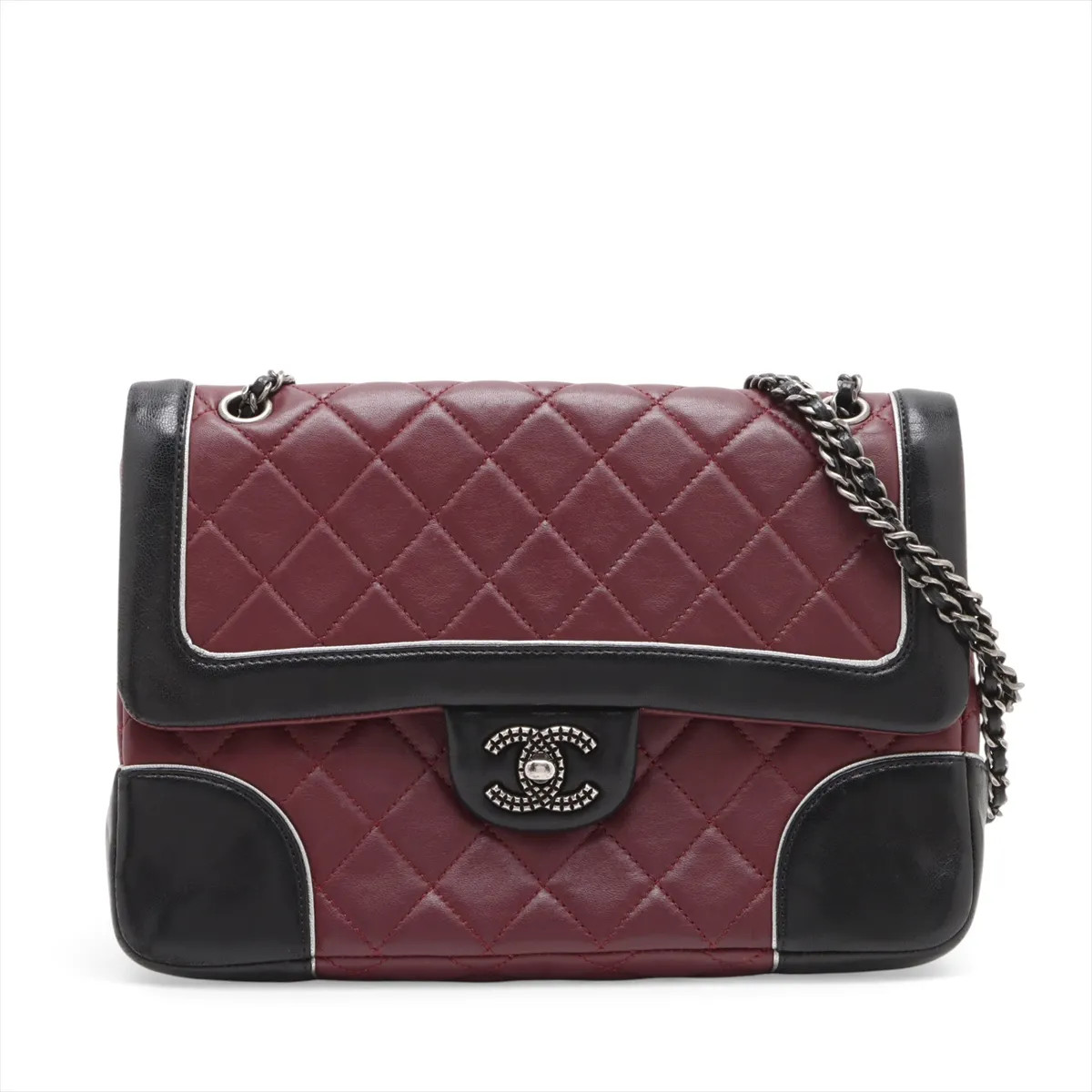 Chanel Matelasse Lambskin Single Flap Double Chain Bag Bordeaux x black Gunmetal
