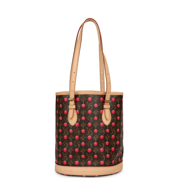 Vintage Louis Vuitton x Takashi Murakami Cheries Bucket Bag PM Red, Brown Monogram Cherry Gold Hardware