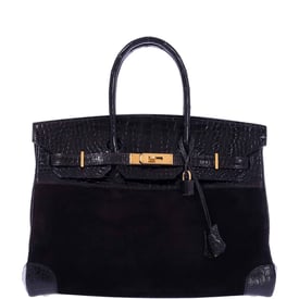 Hermes Hermès Birkin 35 Black Veau Doblis Suede & Black Porosus Crocodile Gold Hardware