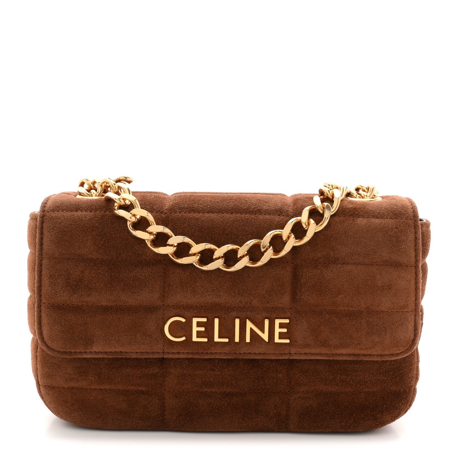 Celine Suede Matelasse Quilted Chain Shoulder Bag Brown