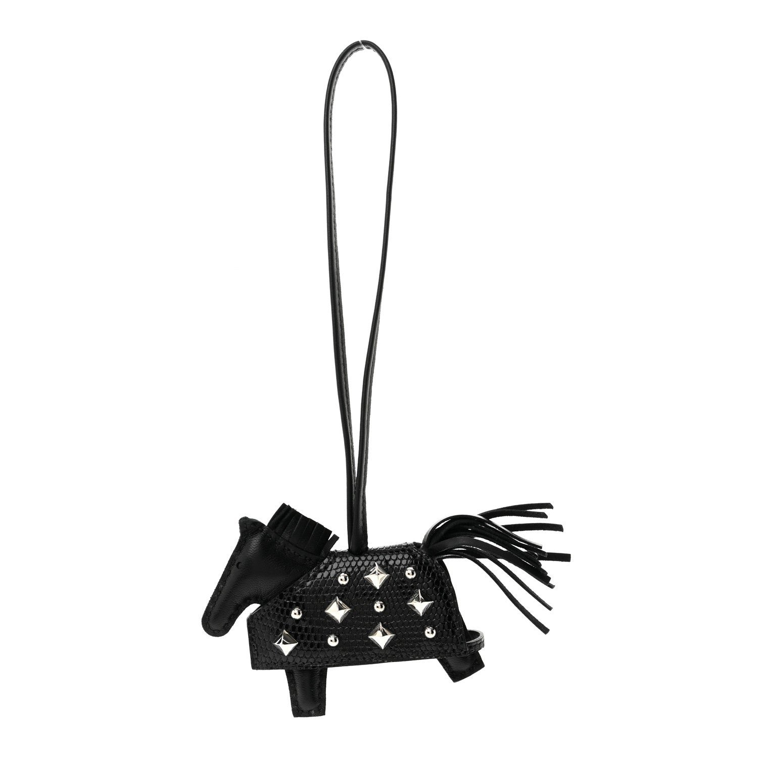Hermes Milo Lambskin Niloticus Lizard Touch Studded Grigri Rodeo Robeo Rock Horse Bag Charm PM Black