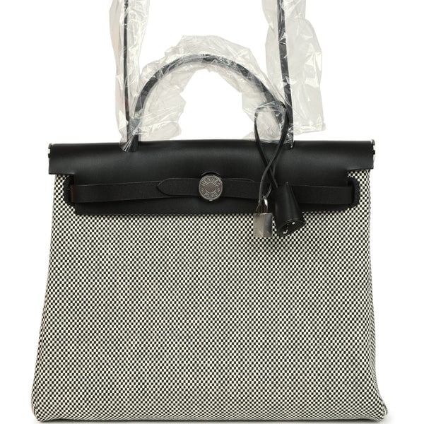 Hermes Hermes Herbag Zip PM 31 Black Vache Hunter and Ecru-Black Criss Viking Canvas Palladium Hardware