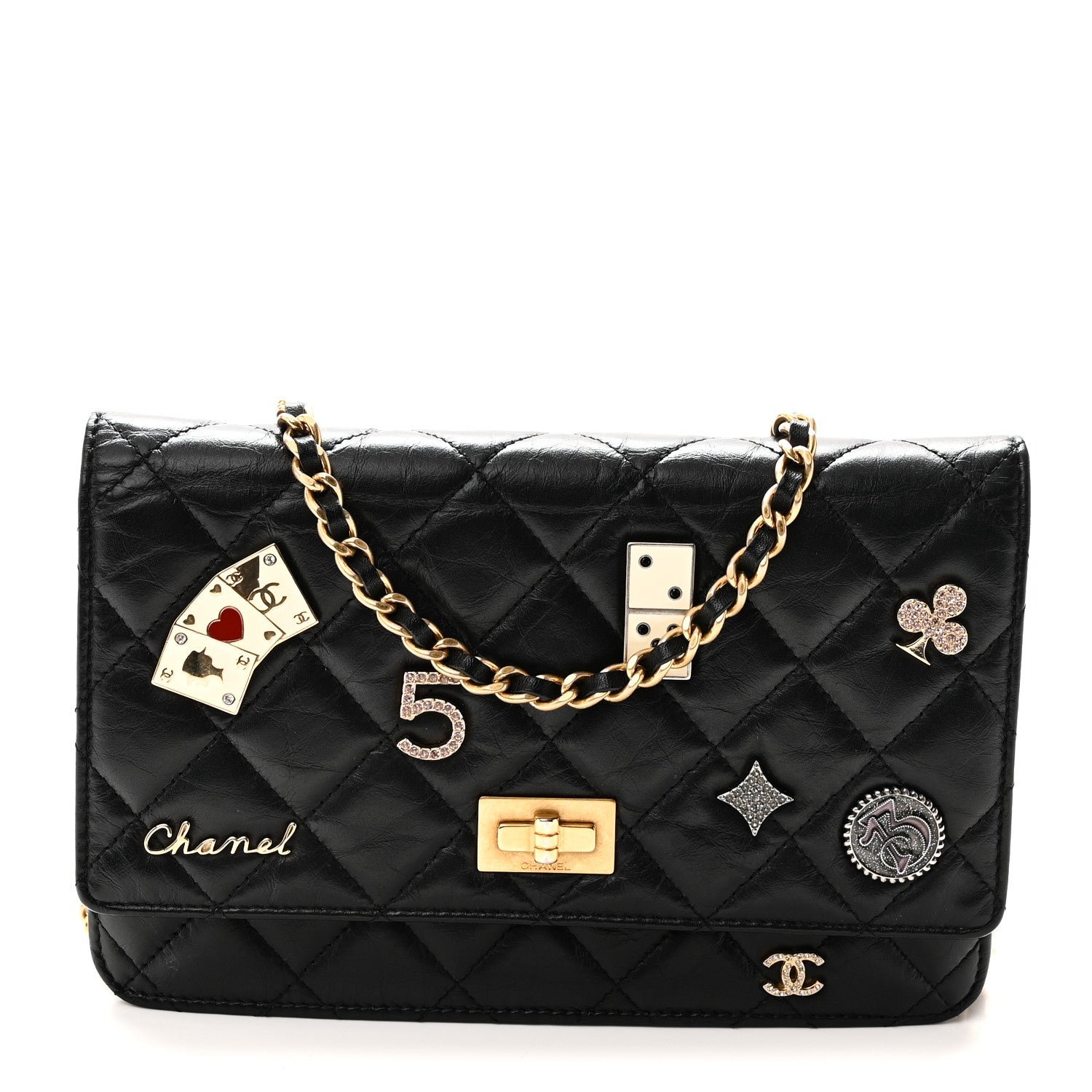 Chanel Aged Calfskin Lucky Charms Casino 2.55 Reissue Wallet on Chain WOC Black
