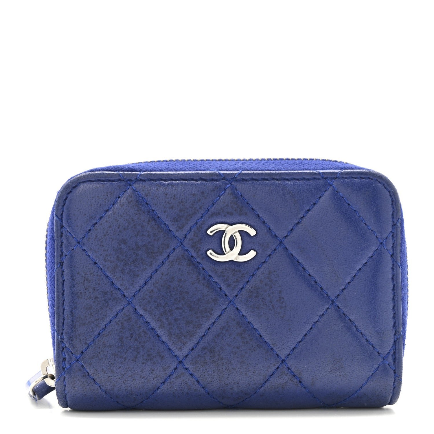 Chanel Chanel Lambskin Quilted Zip Around Coin Purse Wallet Blue