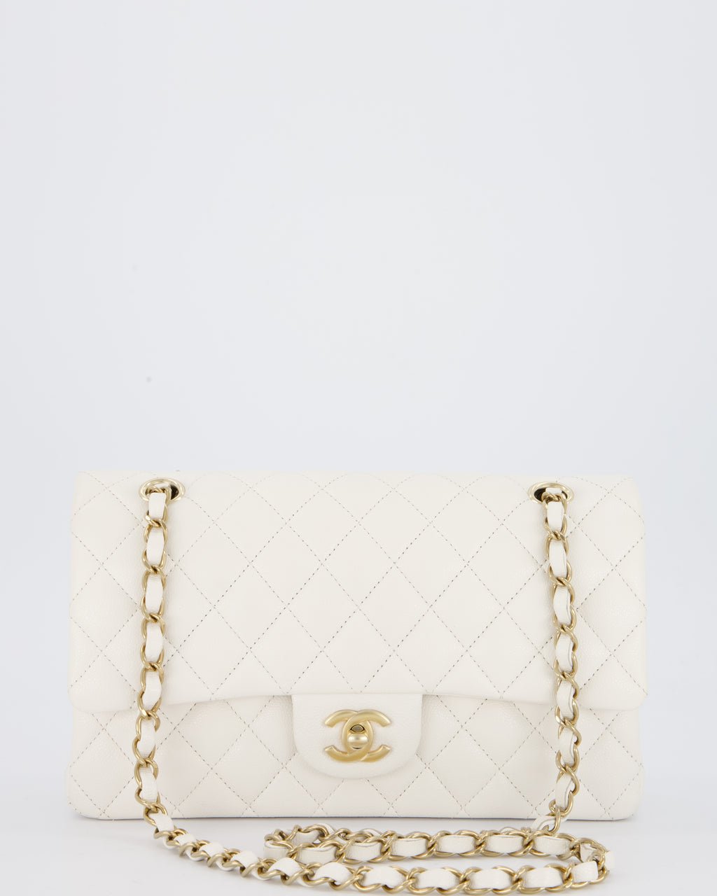 Chanel White Medium Classic Double Flap Bag in Caviar Leather with Champagne Gold Hardware