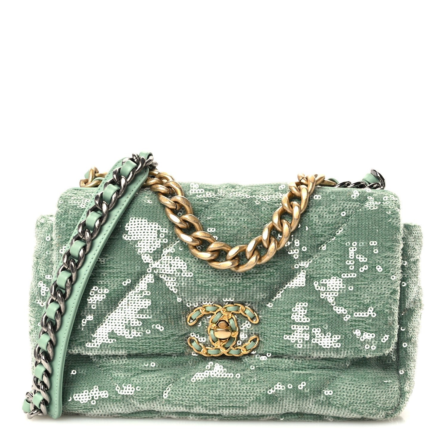 Chanel Sequin Quilted Medium Chanel 19 Flap Light Green