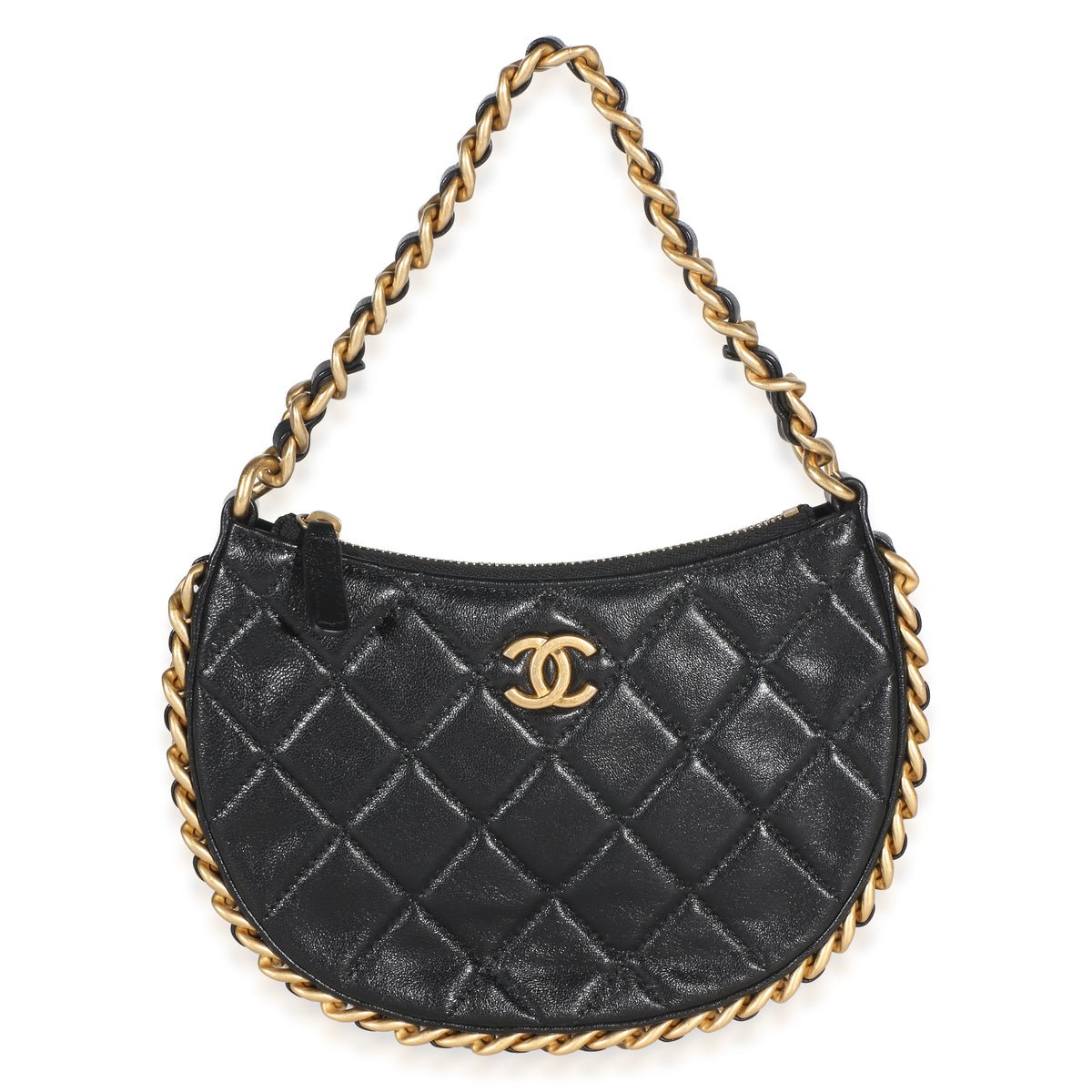 Black Shiny Quilted Lambskin Mini CC Chain Around Hobo
