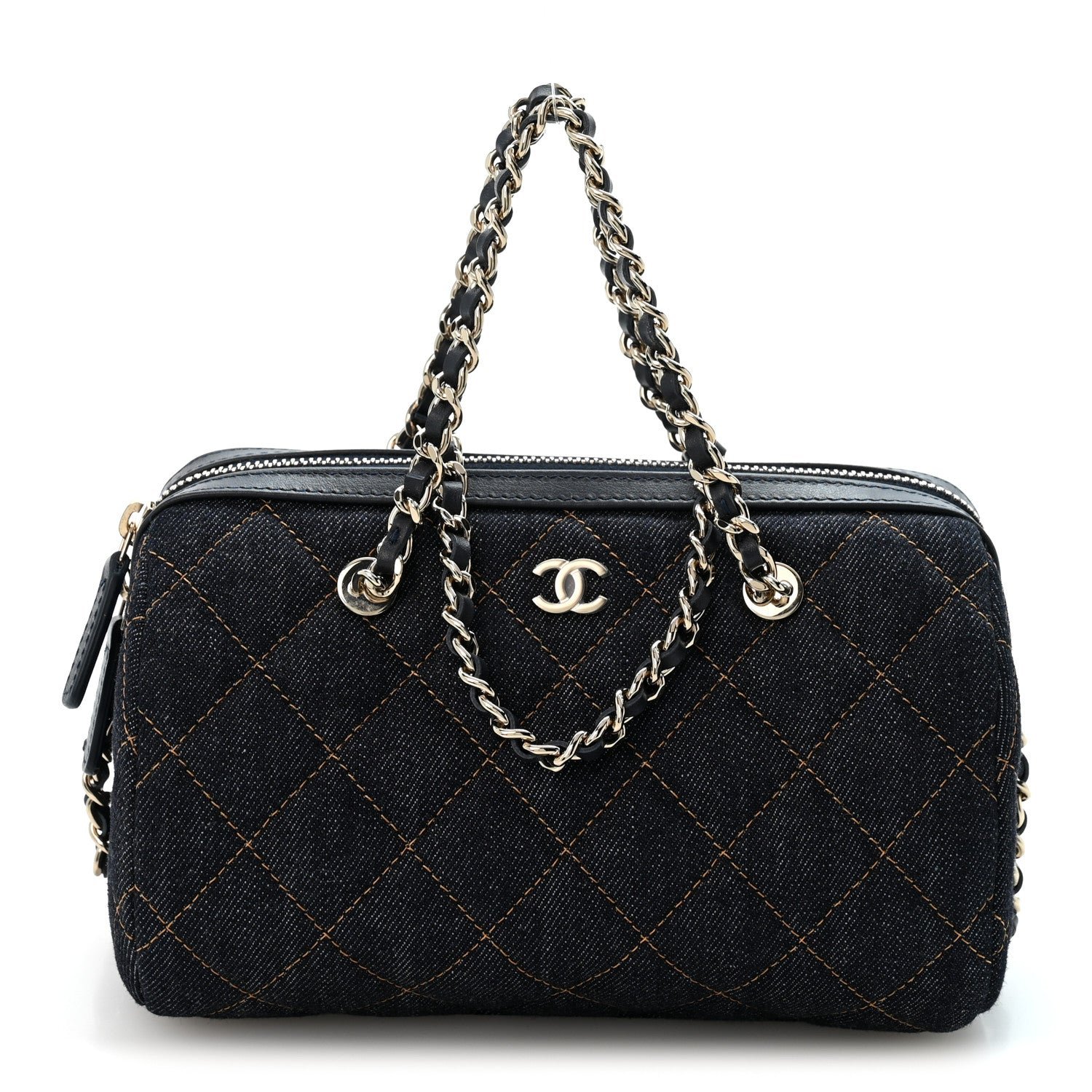 Chanel Denim Quilted Barrel Clutch With Chain Dark Blue Orange
