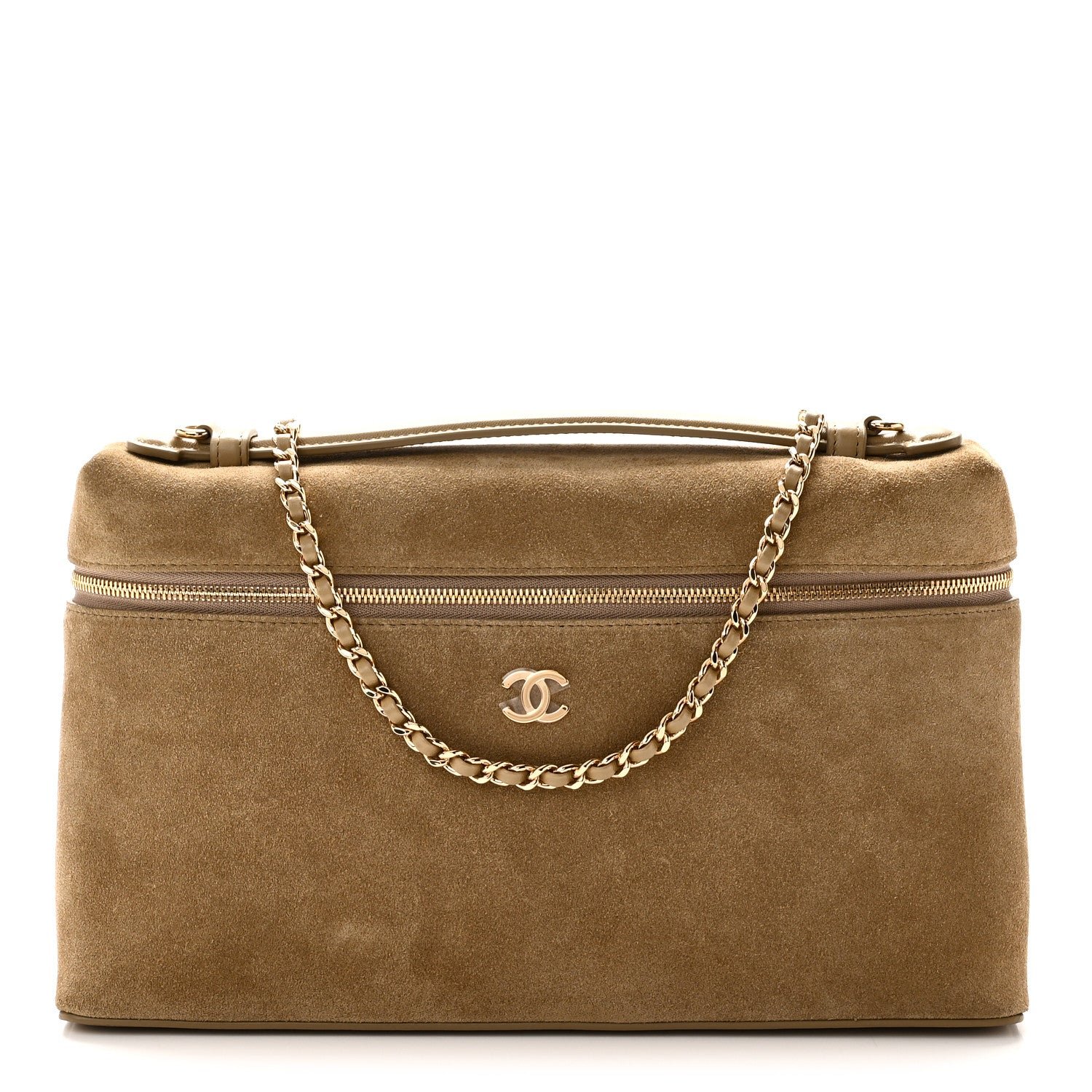 Chanel Suede Calfskin Large Trapeze Large Top Handle Slim Vanity With Chain Beige