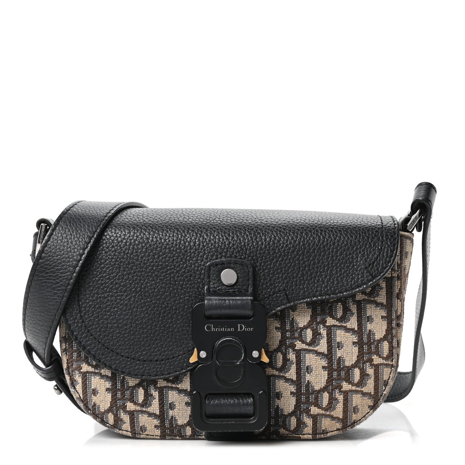 Christian Dior Grained Calfskin Oblique Mini Saddle Messenger Bag With Flap Beige Black