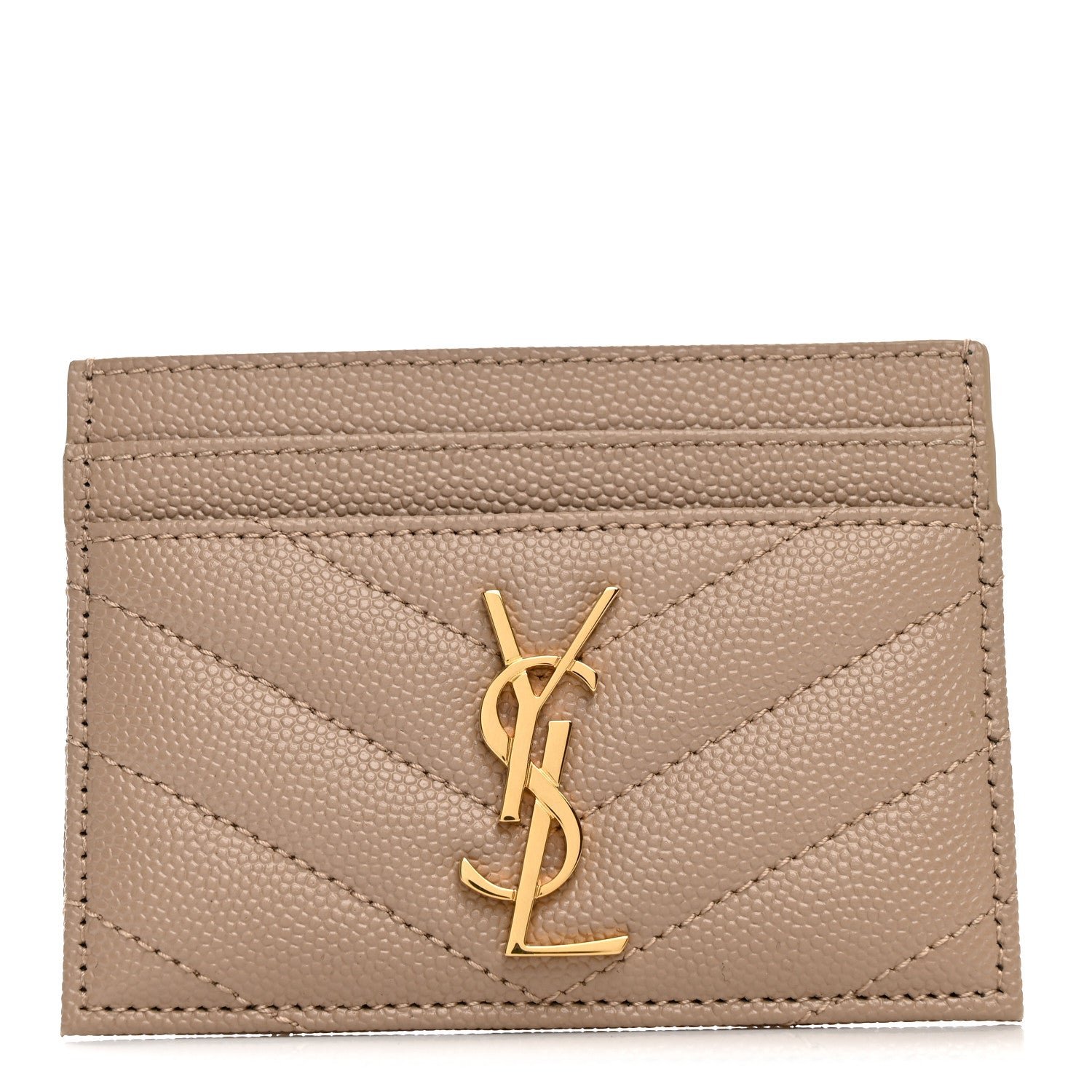 Saint Laurent Grain De Poudre Matelasse Chevron Monogram Credit Card Case Dark Beige
