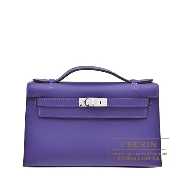 Hermes Kelly pochette Purple Swift leather Silver hardware
