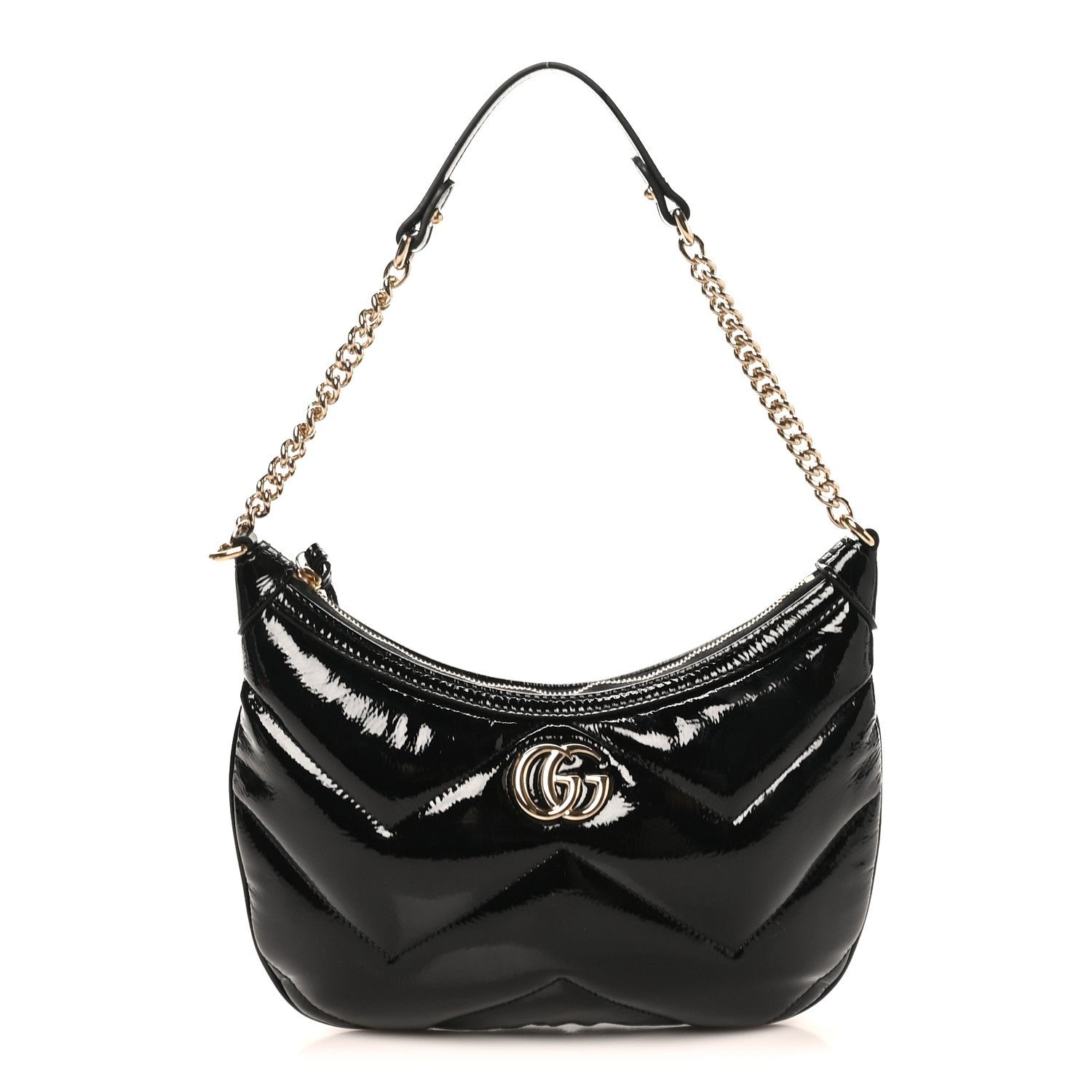 Gucci Patent Calfskin Matelasse GG Marmont Half Moon Hobo Black