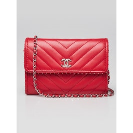 Chanel Red Chevron Quilted Lambskin Leather WOC Clutch Bag