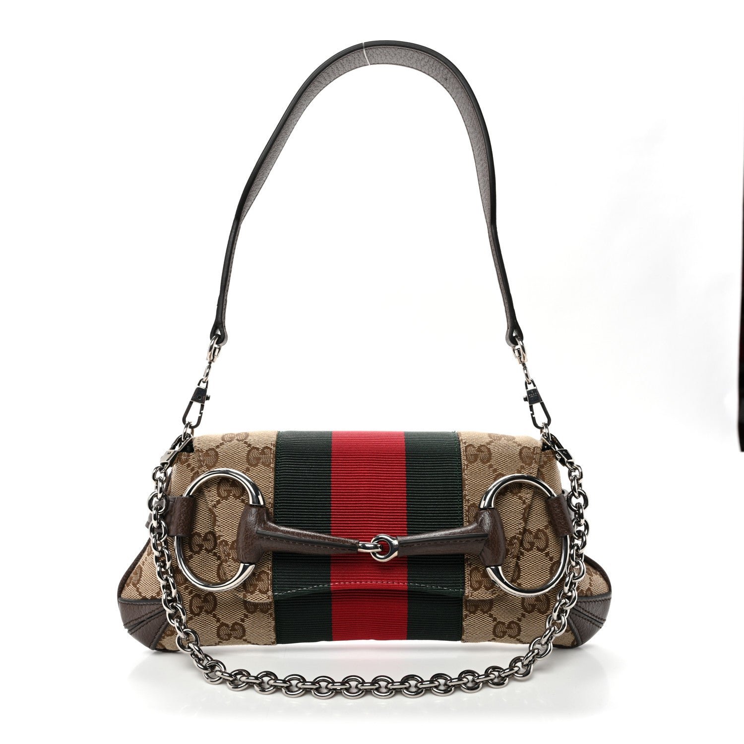 Gucci Monogram Textured Dollar Calfskin Heavy Grosgrain Web Small Maxi Horsebit Chain Shoulder Bag Beige Ebony New Acero