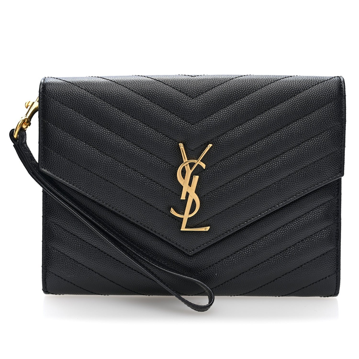 Saint Laurent Grain De Poudre Matelasse Chevron Monogram Cassandre Flap Pouch Black