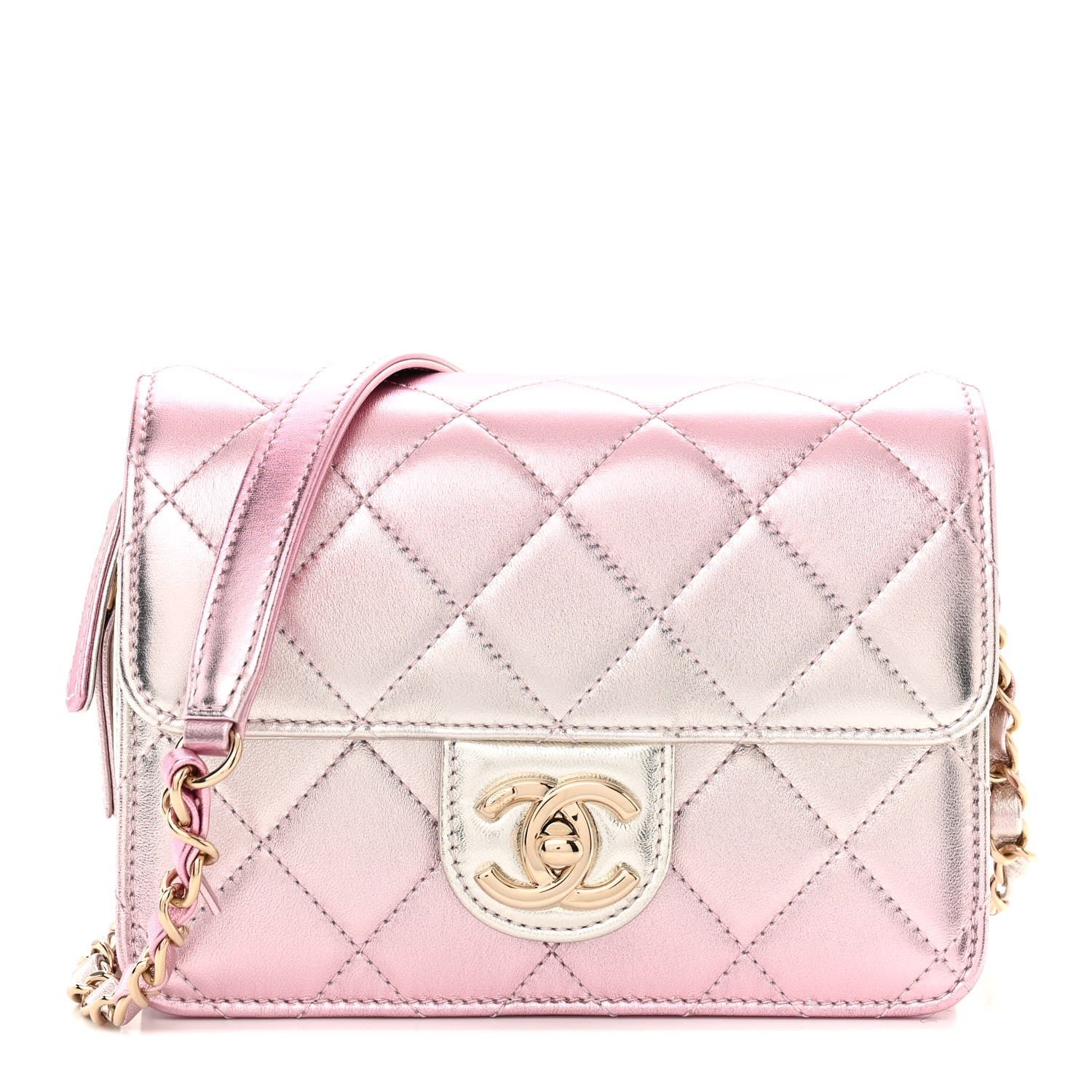 Chanel Metallic Lambskin Like A Wallet Flap Golden Pink