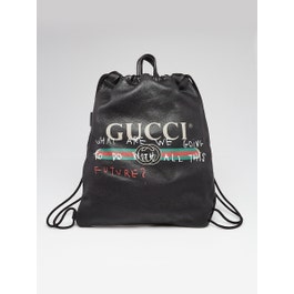 Gucci Gucci Black Leather Printed Drawstring Backpack