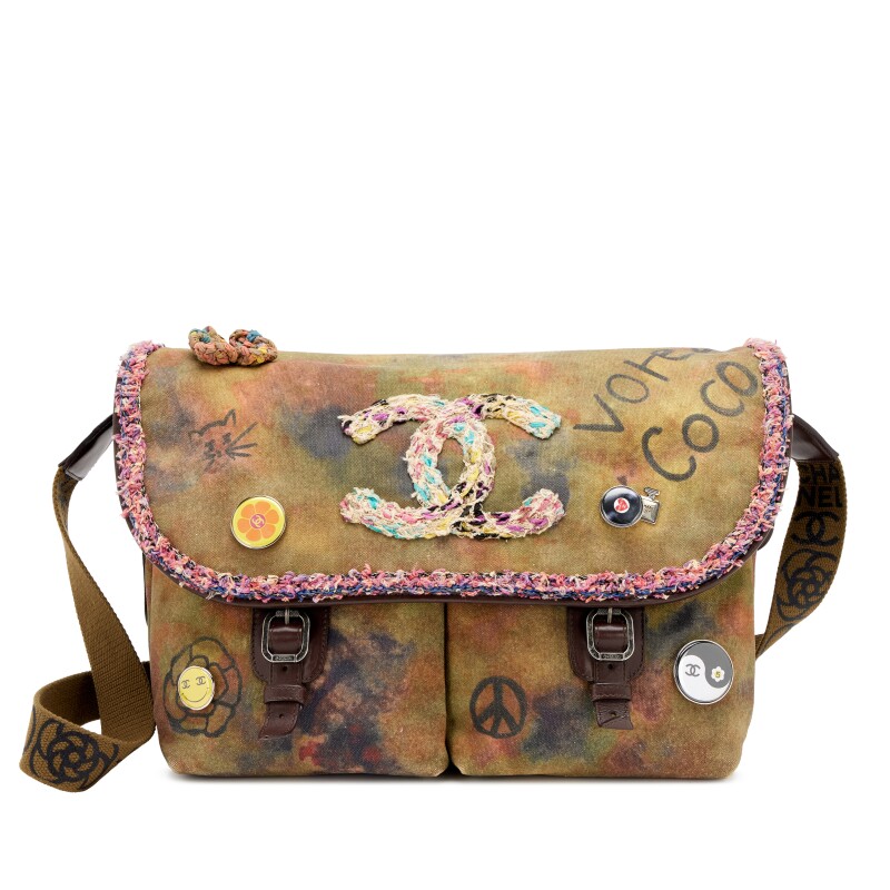 Multicolor Graffiti Tweed and Khaki Toile On The Pavement Large Messenger Bag Ruthenium Hardware, 2015