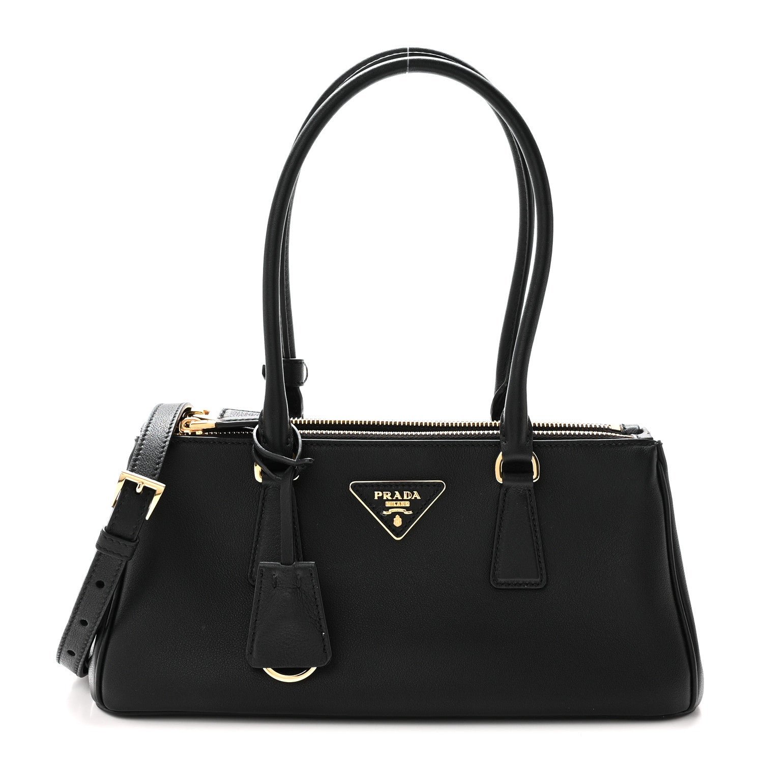Prada Soft Grain Medium East West Galleria Double Zip Bag Black