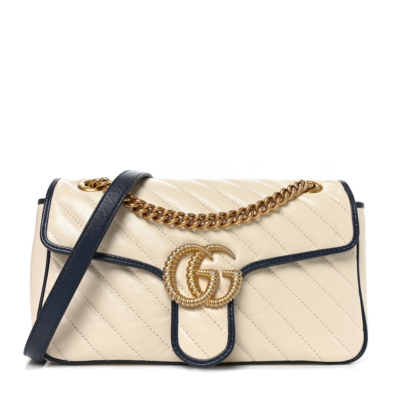 Gucci Vintage Effect Calfskin Matelasse Diagonal Small Torchon GG Marmont Shoulder Bag Mystic White Blue Agata