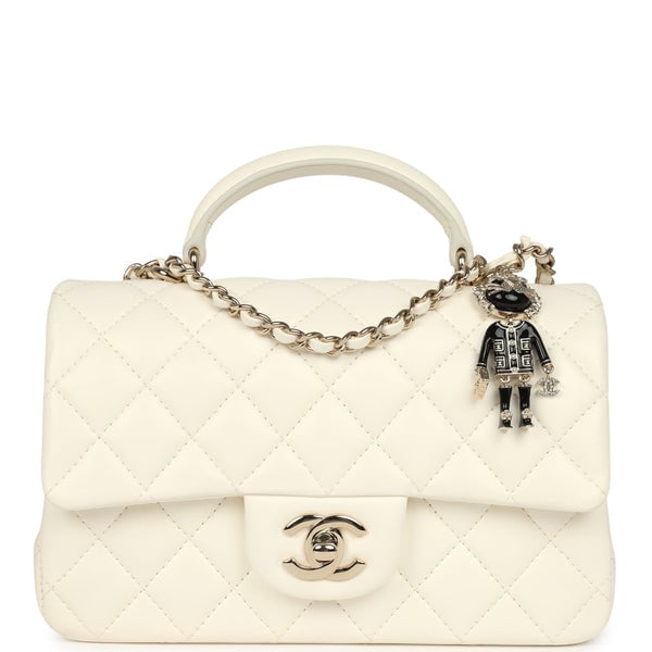 Chanel Mini Rectangular Flap Bag with Top Handle White Lambskin Light Gold Hardware