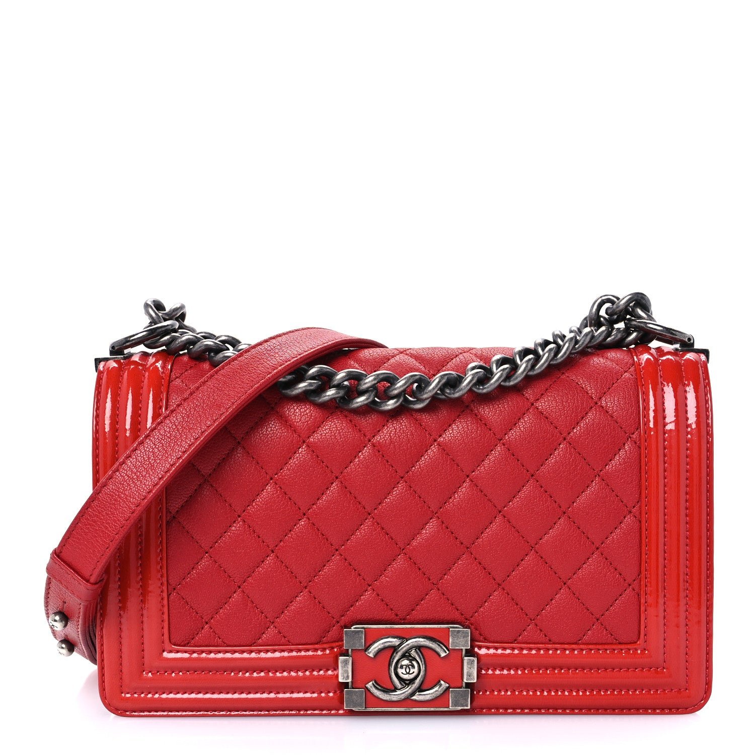 Chanel Goatskin Quilted Patent Medium Duo Boy Flap Red