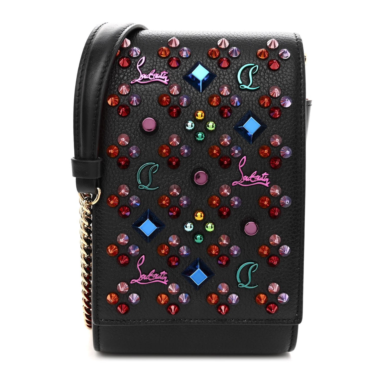 Christian Louboutin Calfskin Spikes Loubinthesky Paloma Crossbody Phone Case Black Multicolor