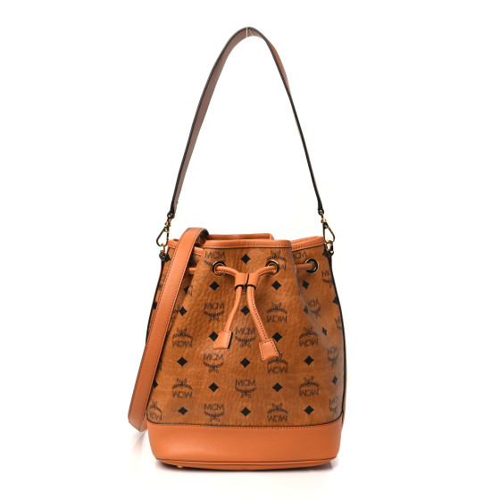 MCM Visetos Medium Dessau Drawstring Bucket Bag Cognac