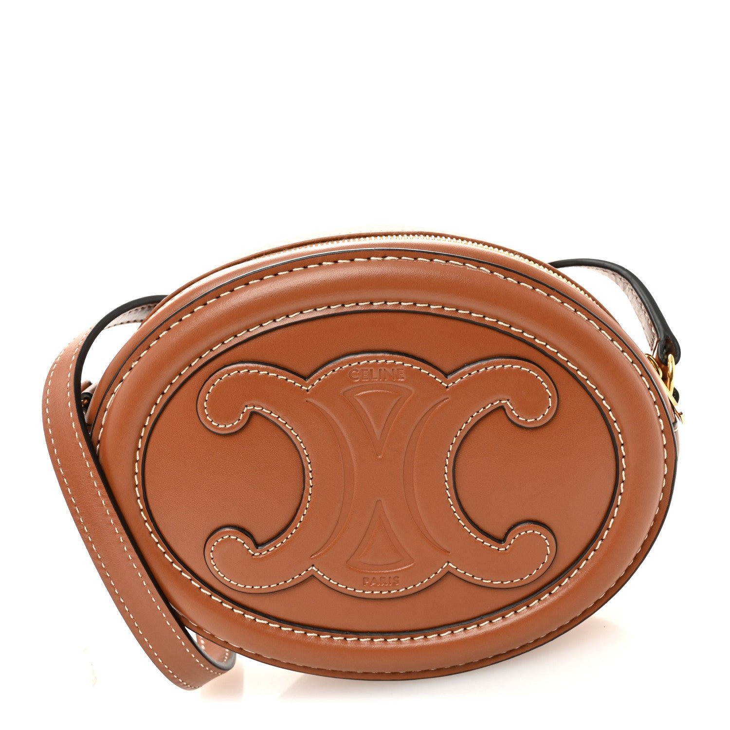 Celine Smooth Calfskin Cuir Small Triomphe Oval Crossbody Purse Tan