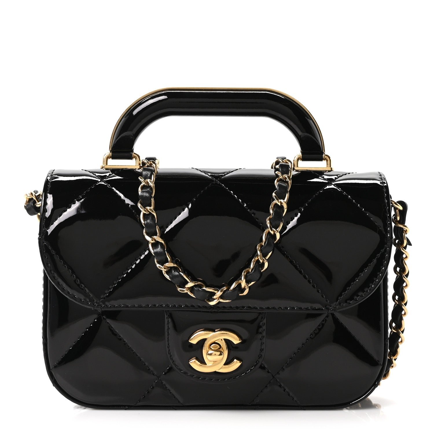 Chanel Metallic Mirror Calfskin Mini Top Handle Clutch With Chain  Black
