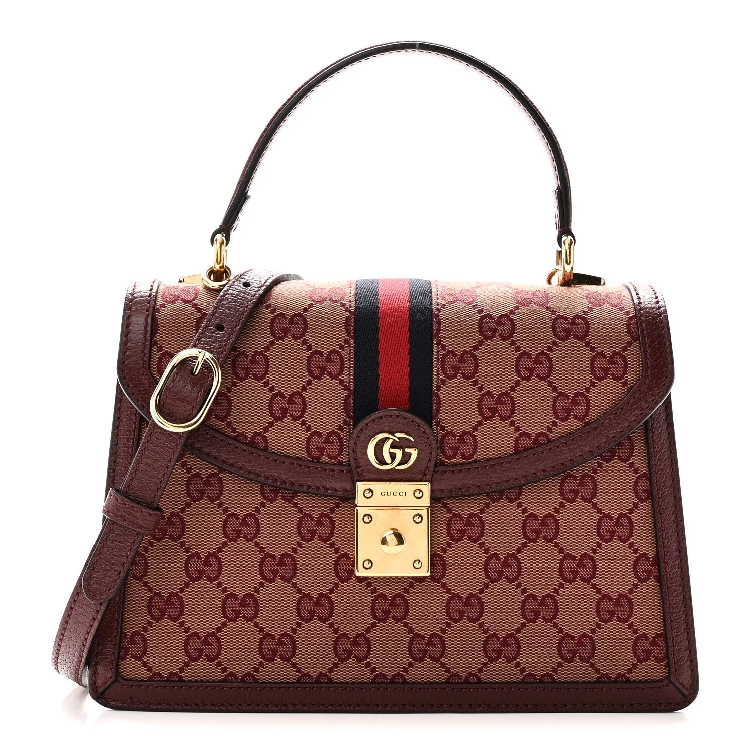 Gucci GG Supreme Monogram Textured Dollar Calfskin Web Small Ophidia Padlock Top Handle Bag Bordeaux