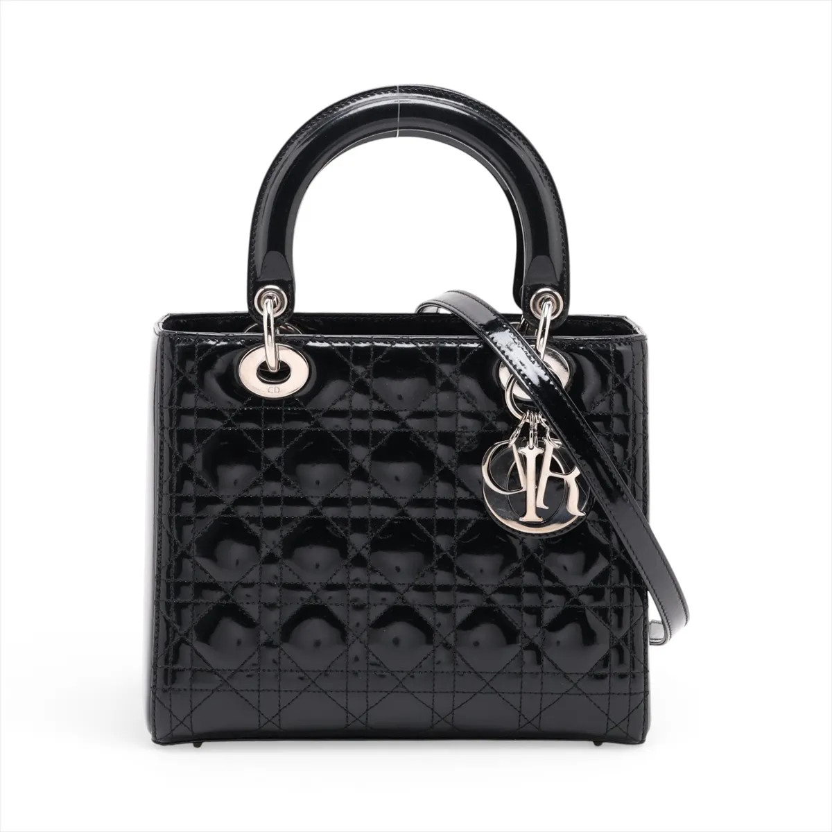 Christian Dior Cannage Lady Dior Patent Leather 2 Way Handbag Black