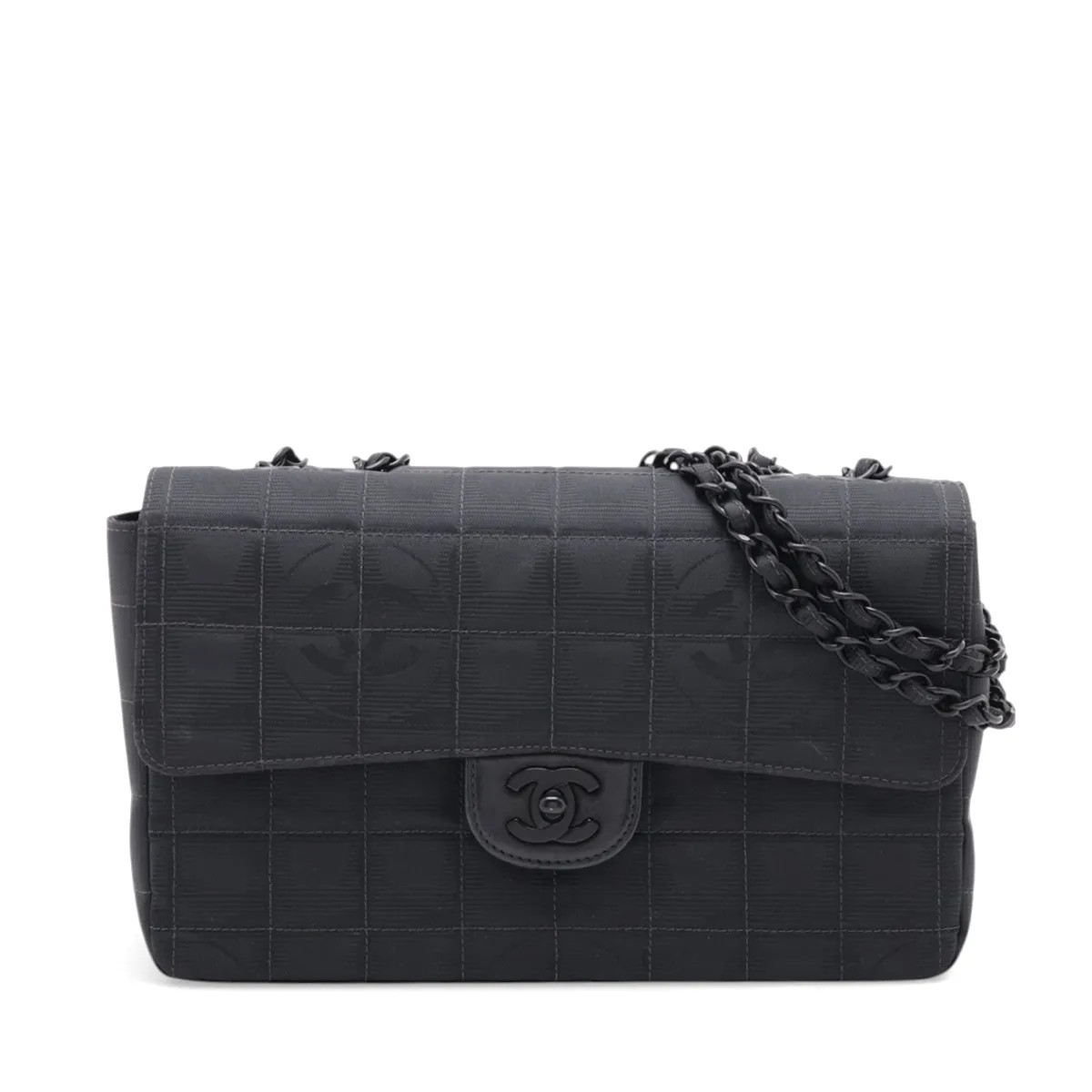 Chanel New Travel Line Nylon Single Flap Double Chain Bag Black Black Metal Fitt