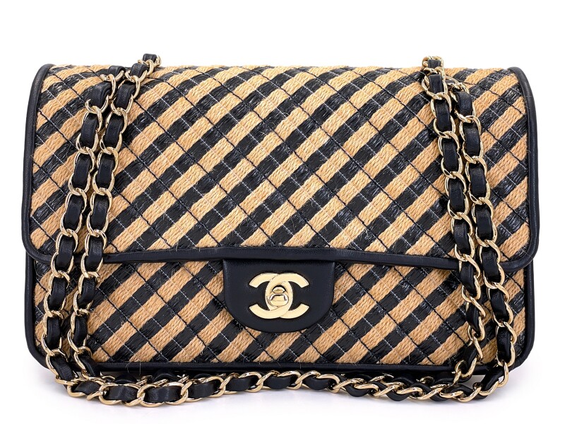 Black and Beige Stripe Raffia Jute Medium Urban Jungle Classic Flap Bag Gold Hardware, 2021