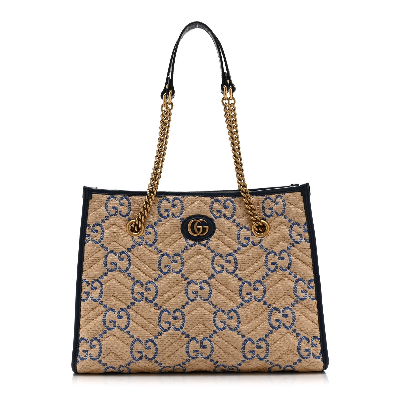 Gucci Raffia GG Monogram Matelasse Medium GG Marmont Shoulder Tote Natural Royale Off White