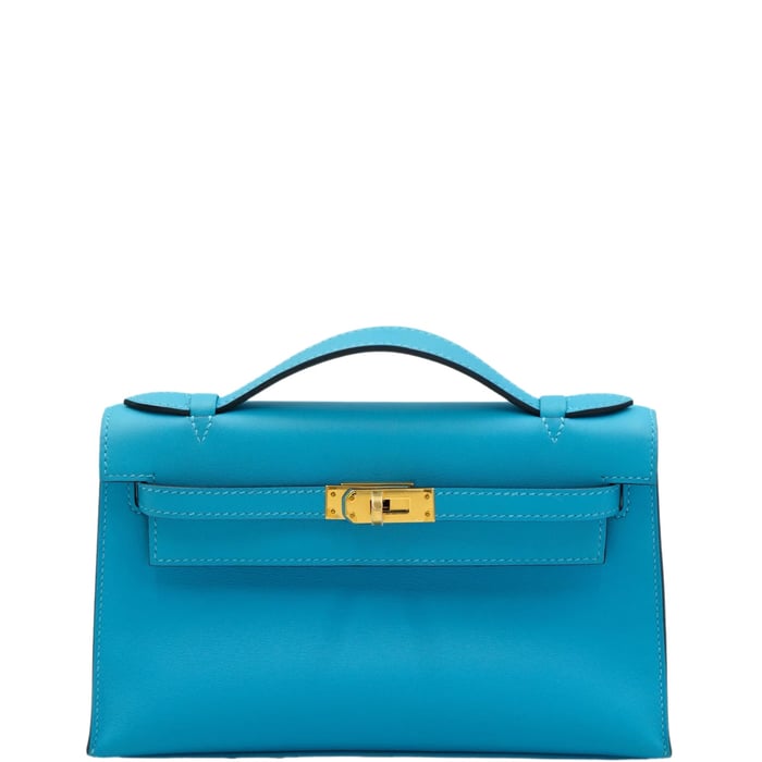 Hermes Hermès Kelly Pochette Celeste Swift with Gold Hardware